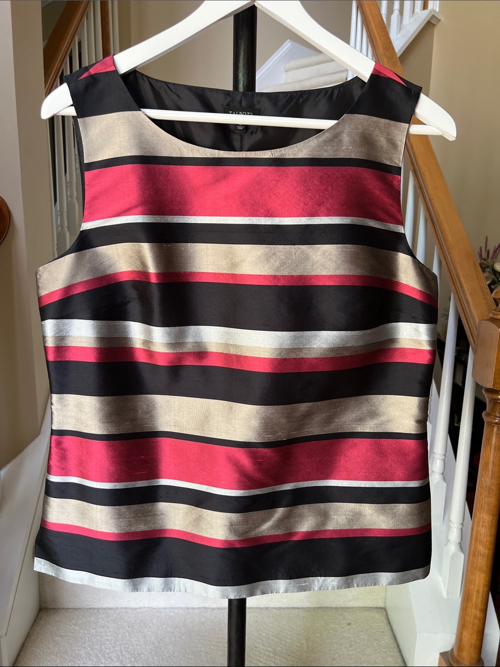 Classy Sleeveless Striped Satin Shell in Black, Red & Gold